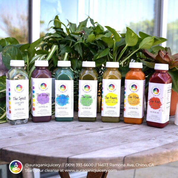 An infographic of Auraganic Juicery's Chakra Juice cleanse, on a natural wooden background with Auraganic Juicery's contact information.