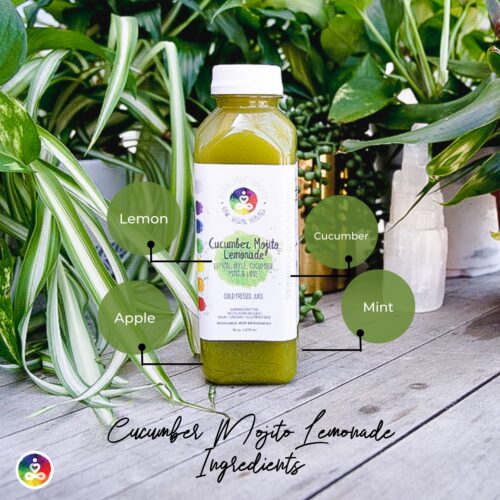 A refreshing bottle of Auraganic Juicery's Cucumber Mint Mojito Lemonade on with it's ingredients listed.