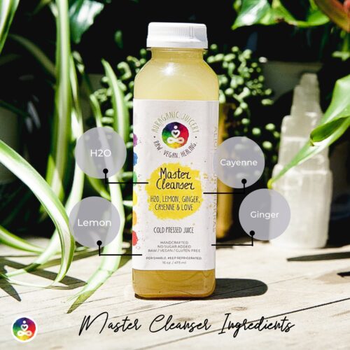 A bottle of Master Cleanser, a natural remedy with organic lemons, rich in vitamin C and organic cayenne pepper.