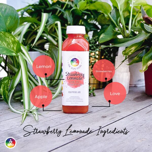 Product image. Enjoy the sweetness of summer with Auraganic's strawberry lemonade. Made with fresh strawberries, lemons, and sugar.