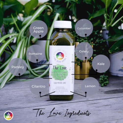 Infographic illustrating the ingredients of 'The Love' juice, featuring apple, cucumber, romaine lettuce, celery, kale, parsley, and lemon