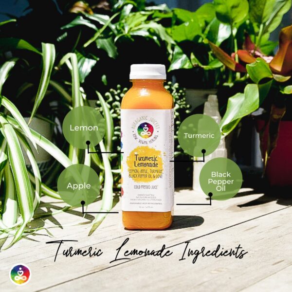 Picture of Auraganic Juicery's Turmeric Lemonade with it's ingredients listed, which include Turmeric, Lemons, Apples, and Black Pepper Oil