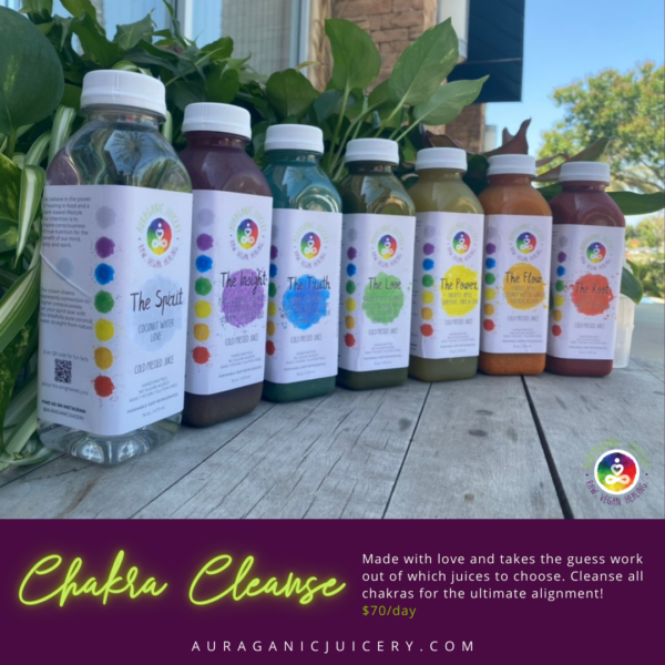 Aura Cleanse 6-juice program's chakra alignment and detoxification process.