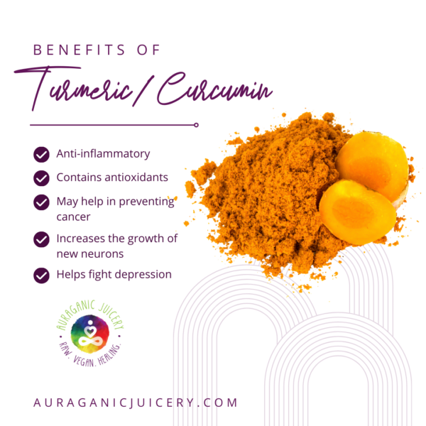 A close-up of golden-yellow turmeric. Infographic about turmeric's anti-inflammatory properties and health benefits. Turmeric and curcumin aid in fighting depression, prevention of cancer, growth of new neurons, and contain many antioxidants.